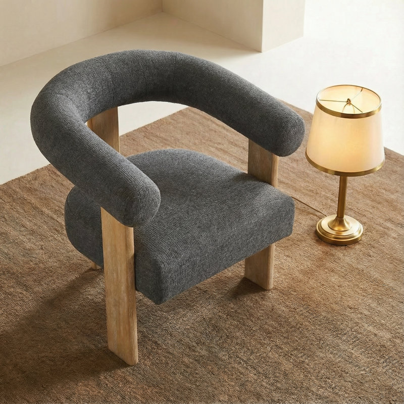 Mamanbai Upholstered Barrel Accent Chair Armchair with Three Solid Wood Legs, Charcoal Gray