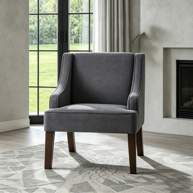 Chaise d'appoint moderne, fauteuil rembourré avec pieds en bois massif, Linen, Dark Grey