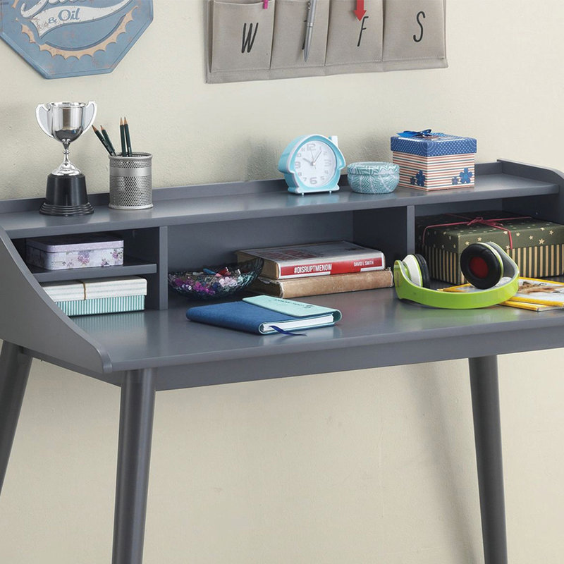 Bureau d'écriture rectangulaire gris avec 4 compartiments et pieds de style Mid-Century inspirés du rangement