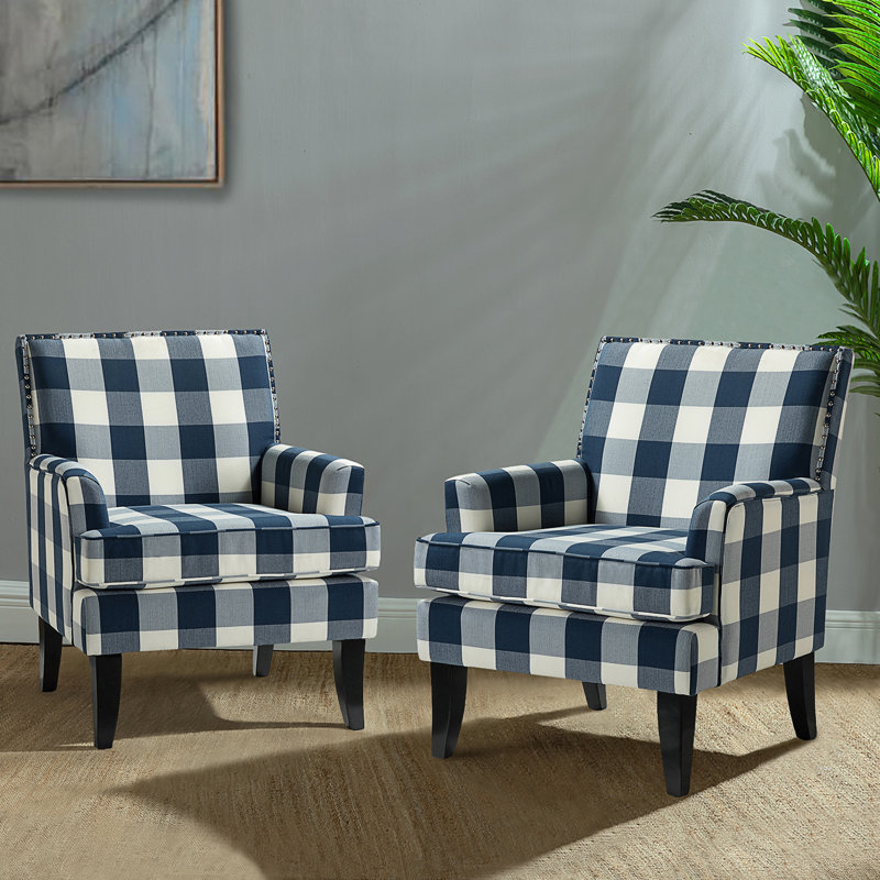 Iliana 27.15" Wide Transitional Upholstered Armchair with Nail Head Trim, Navy Check Polyester Blend