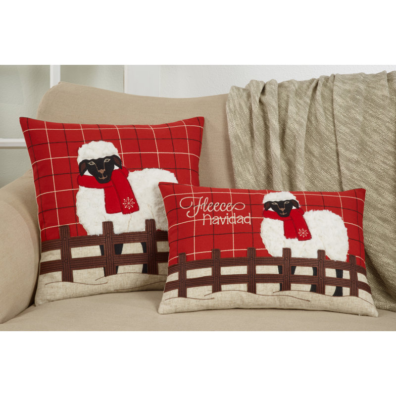 Red Plaid Christmas Sheep Polyester Pillow Cover 18"