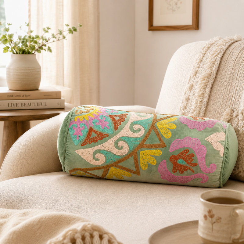 Embroidered Velvet Bolster Pillow, 21x8 Inch Decorative Cylindrical Pillow, Multicolor Cotton Velvet Pillow with Polyester Filling for Sofa, Bed & Boho Home Décor