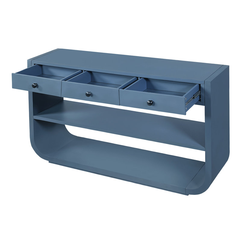 Console moderne incurvée avec 3 tiroirs à fermeture en douceur et 2 tablettes ouvertes, base en bois massif, table de vestibule pour vestibule, bleu