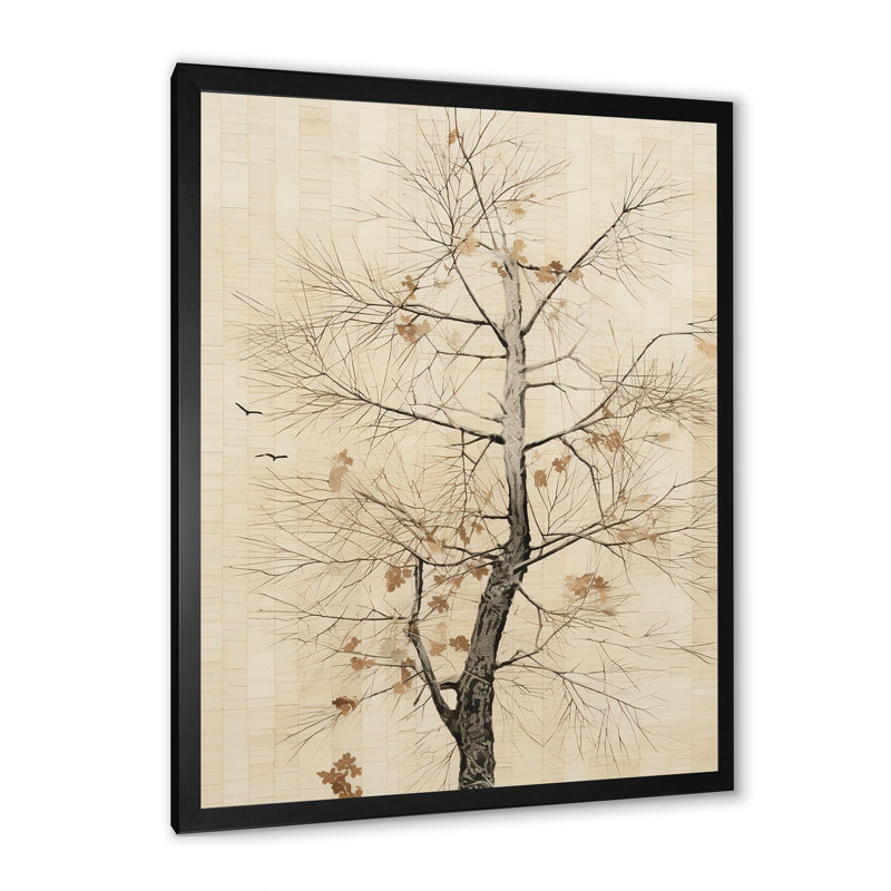 Or doré et beige, tilleul américain I - décoration murale arbre américain, Cadre simple noir, H 40 po x l 30 po