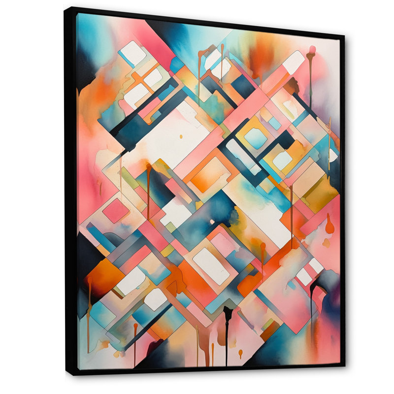 Dominica, rose et bleu symétrique en mouvement, H 32 po x l 24 po x P 1 po, Cadre flottant noir