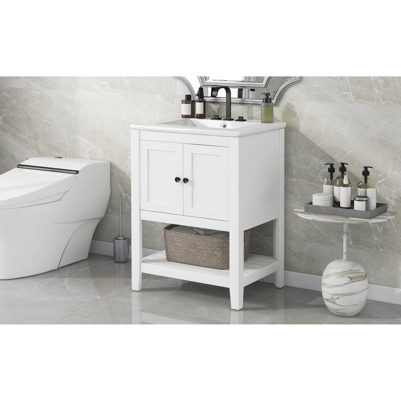 " White Modern Bathroom Vanity With Ceramic Sink & Solid Wood Frame