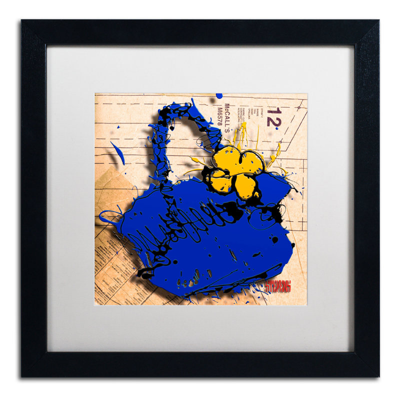 Gallucci, «Flower Purse Yellow on Blue» par Roderick Stevens, impression encadrée, Blanc, H 16 po x l 16 po, Cadre brun