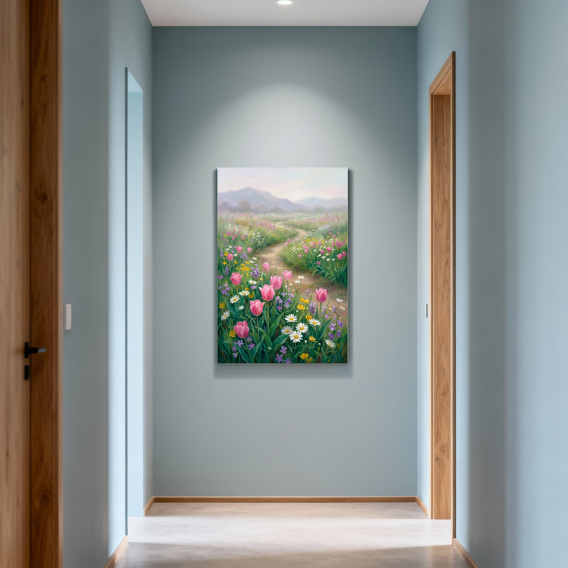 Plantes et fleurs, champ de fleurs, chemin, montagnes, ciel, tulipes, marguerites, printemps, H 24 po x l 16 po
