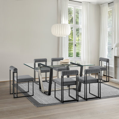 Mirriah 7 Piece Rectangular Glass Dining Table Set with Metal Frame and Upholstered Chairs