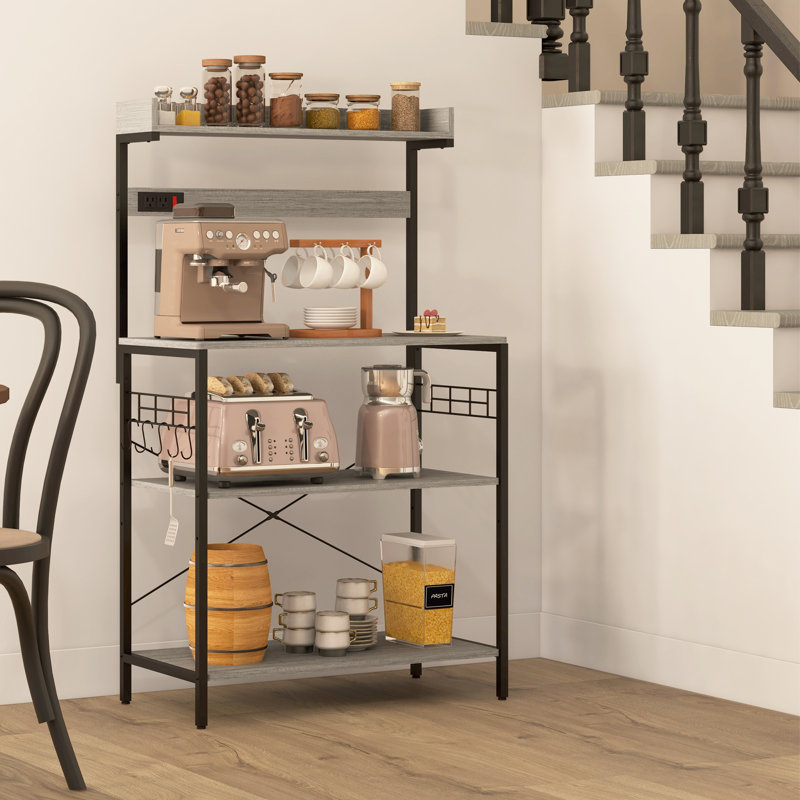 Étagère de cuisine avec prise de courant, tablettes réglables et crochets, Gris, H 53,9 po x l 31,5 po x P 16,5 po