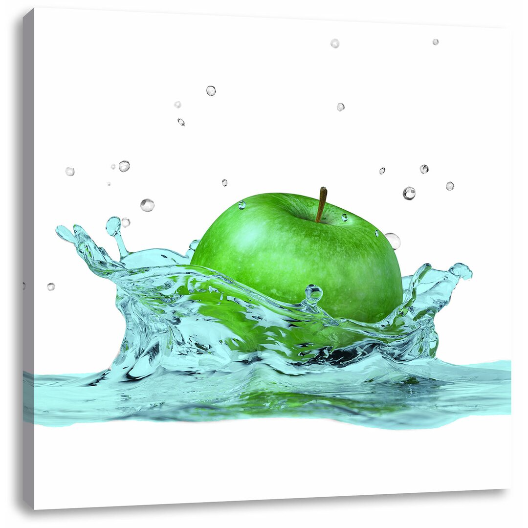 Leinwandbild Green Apple Grüner Apfel fällt in Wasser