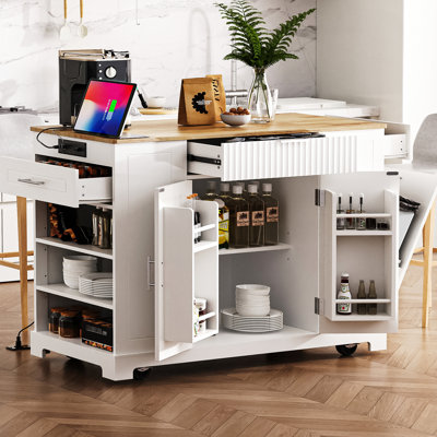 Chariot pour îlot de cuisine avec support pour poubelle, prise de courant, 3 tiroirs, côté ouvert, rangement interne d'aspect blanc, compatibilité 10, mobilité 5
