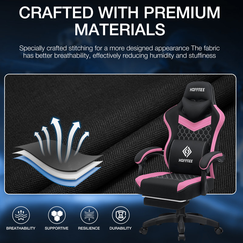 Fauteuil inclinable ergonomique en tissu et jeu de course avec coussin lombaire vibrant, Rose