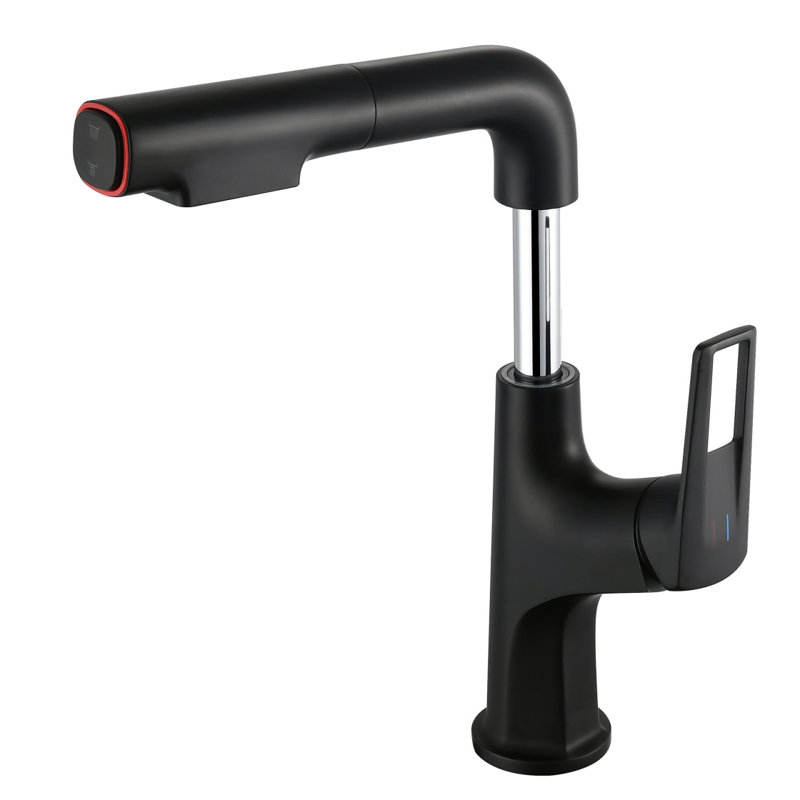 Robinet de vasque rétractable noir mat - Robinet de lavabo de salle de bain à un trou avec bec relevable et modes de jet doubles