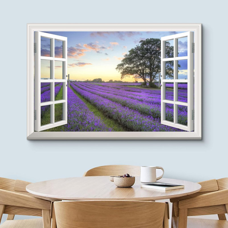 Fenêtre, paysage, lever de soleil sur une lavande mauve, impression sur toile tendue, H 16 po x l 24 po