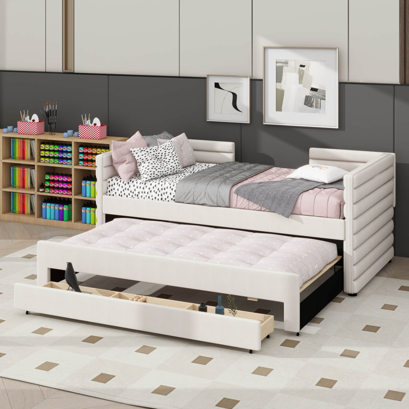Twin-Sized Upholstered Daybed Including Trundle Bed And 3 In-Built Storage Drawers, Beige