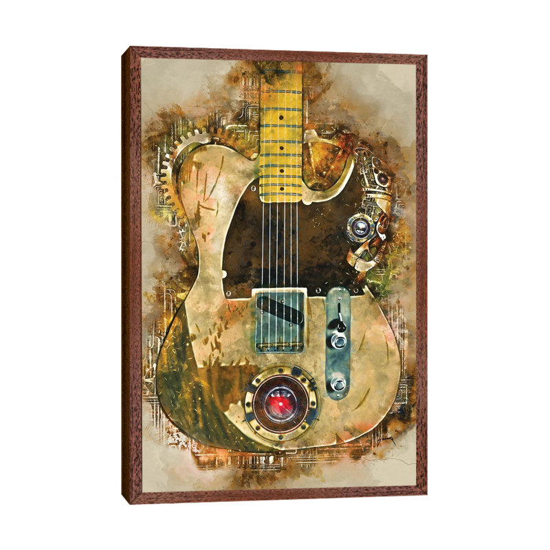 Jeff Beck's Steampunk Guitar 1 Piece Painting on Canvas, 66.04cm H x 45.72cm W x 3.81cm D, Classic Brown Wood Floater Framed