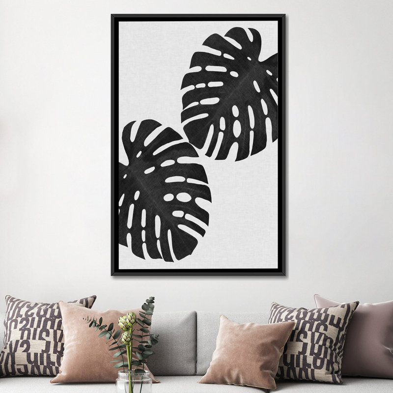 « monstera leaf i », impression sur toile en noir, H 60 po x l 40po x P 1,5 po, Toile avec cadre noir, Pas de tapis