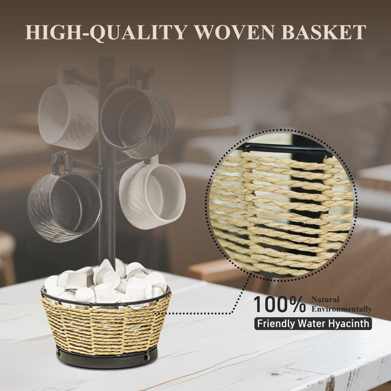 Porte-gobelet en bois avec panier tressé, porte-gobelet à 4 crochets, porte-gobelet de comptoir pour armoire de cuisine