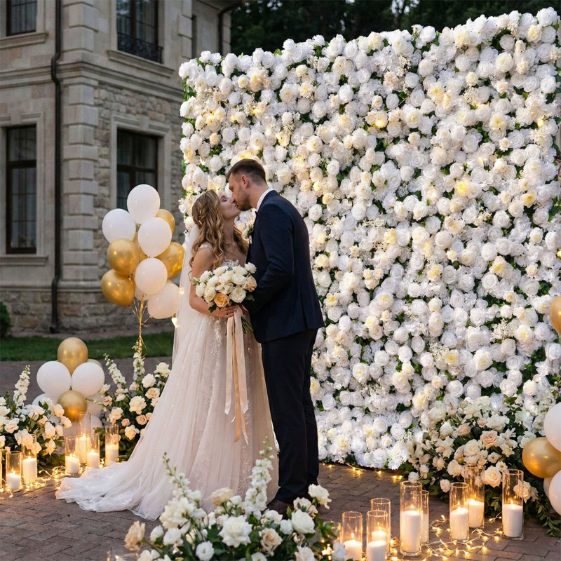 Luxe artificiel‌ Panneau mural de fleurs de rose blanche, magnifique fond floral en soie 3D pour mariage, fête de bébé, fête et décoration intérieure, assemblage / rangement rapide, écologique＆ Animaux de compagnie