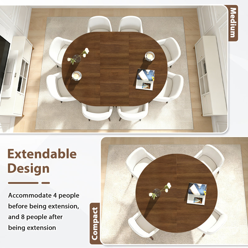 43"–59" Extendable Round Dining Table For 4-8,Oval Kitchen Dining Table With Storage,Walnut, Walnut