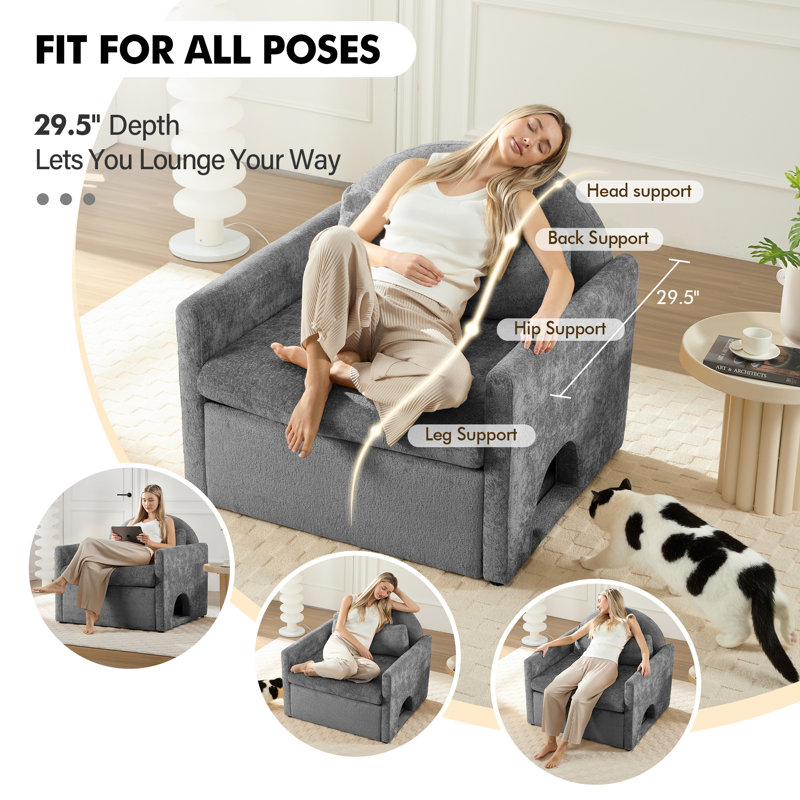  Fauteuil d'appoint 2-en-1 Cat Cave, fauteuil en chenille confortable pour salon, canapé adapté aux animaux de compagnie, gris