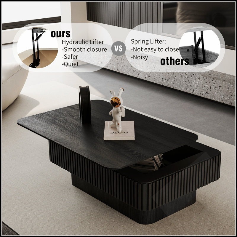 Table basse relevable cannelée de 98 cm (38,6 po) avec rangement et hauteur réglable, idéale pour les espaces de vie modernes et offrant une fonctionnalité accrue.