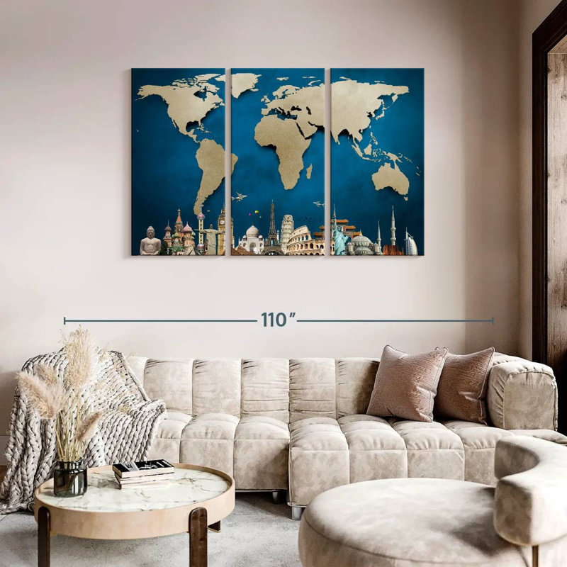 Carte du monde océan bleu 3 pièces, H 48 po x l 74 po x P 1,25 po