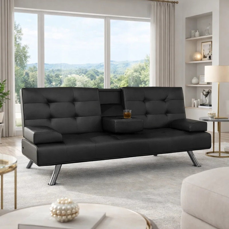 66" Click-Clack Convertible Sofa Bed with Cup Holder Table, Compact PU Leather Futon Couch for Small Spaces, Black, Black