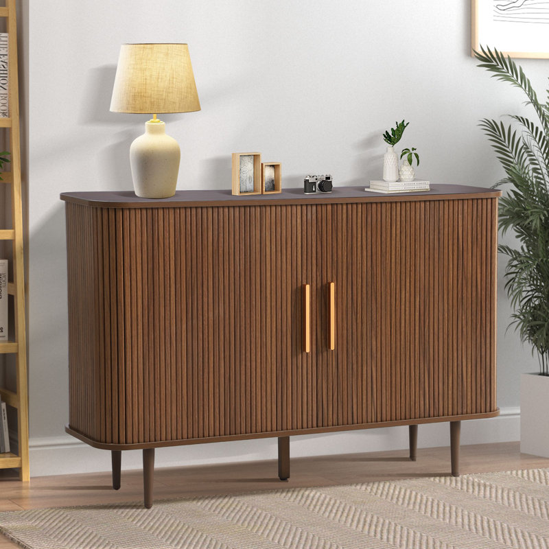 47" Sideboard Buffer Cabinet with Fluted Slide Doors, Tambour Storage Cabinet with Adjustable Shelves, Brown