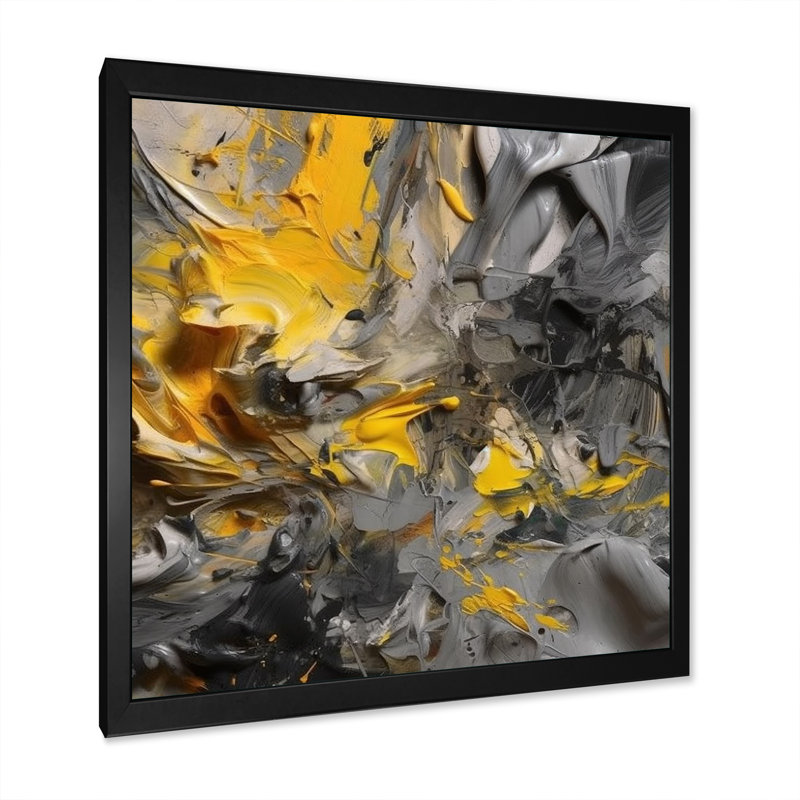 Deonka jaune moutarde et gris vif - décoration murale abstraite, Cadre photo noir, L 30 po x H 30 po