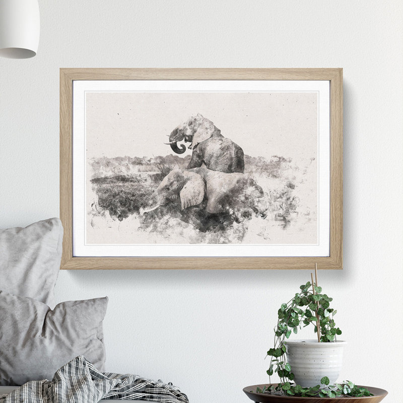 Two Elephants - Single Picture Frame Print on MDF, 35cm H x 50cm W x 2cm D, Oak