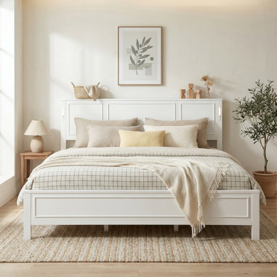 King Size Wood Platform Bed Frame With LED Lights & USB/Type-C Charging Station, Pine Wood Bed Frame With Tall-Panel Headboard & Footboard, Solid Wood Slat Support, No Box Spring Needed, Modern Farmhouse Bedroom Furniture, White