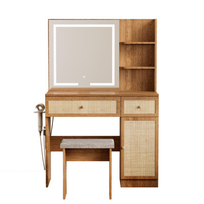 Avonelle Boho Natural Rattan Vanity with LED Mirror and Stool