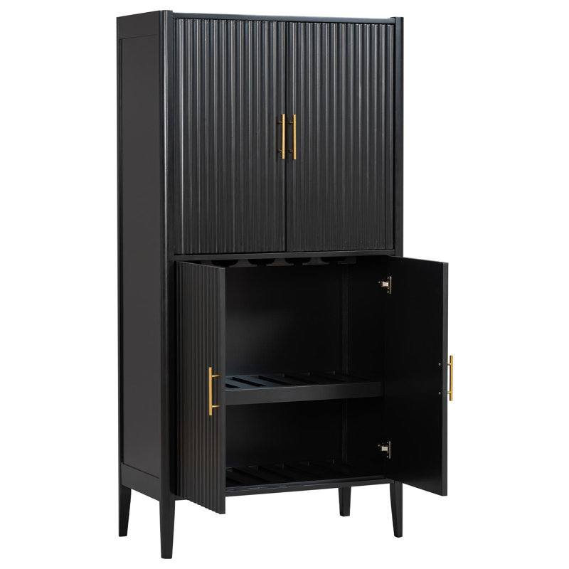 Grande armoire à vin autoportante 70,9 po à 4 portes avec présentoir et tiroir en verre, Black