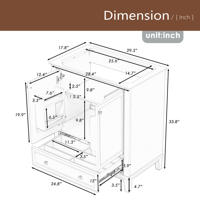 Meuble-lavabo 30 po sans lavabo, base seulement, armoire de salle de bain multifonctionnelle avec portes et tiroir, cadre solide et panneau de fibres à densité moyenne