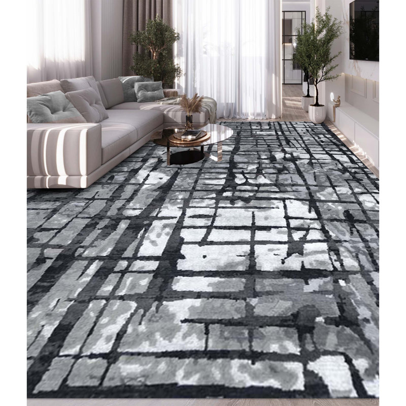 Windsom Abstract Area Rug in Sliver/Charcoal, Rectangle 6' x 9'