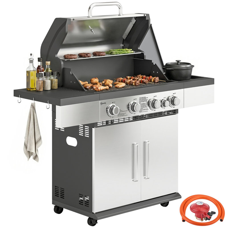 Outsunny 4 - Burner Freestanding, Portable 12000 BTU BTU Gas Grill with Side Burner and Cabinet