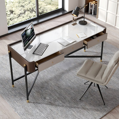 Bureau de luxe moderne 55,12 po avec plateau en pierre frittée et revêtement en cuir