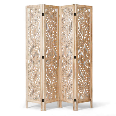  4 Panel Solid Wood Room Divider Privacy Screen - Freestanding Folding Partition with Leaves Openwork Design, Paulownia Wood Frame Natural, No Assembly for Living Room, Bedroom, Office