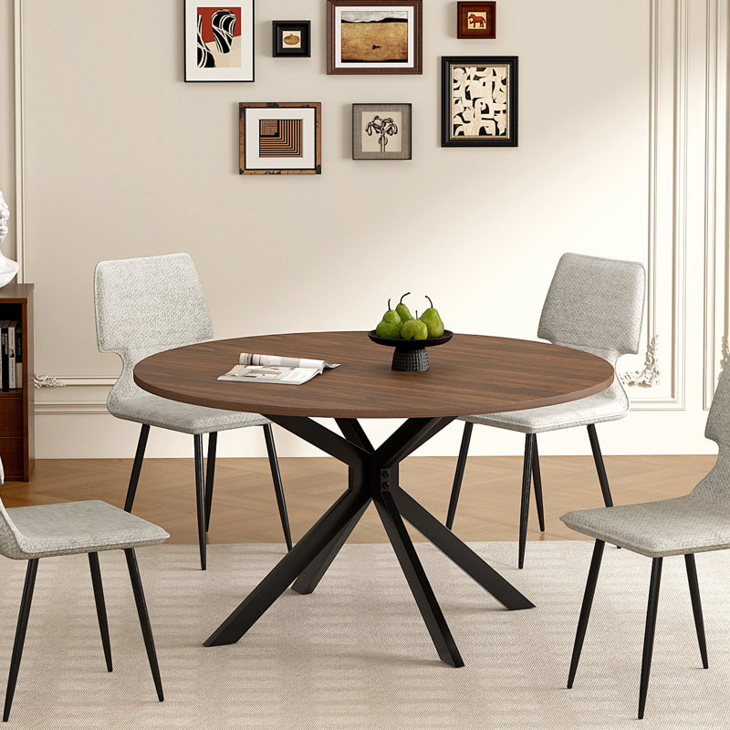 47.2" Round Wood Table With Wood Veneer &Sturdy Metal Base Kitchen Dining Table For Dining Room, Living Room, Indoor Patio