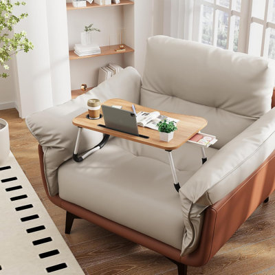 Portable Foldable Bed Lap Tray with Cup Holder and Drawer, Large Breakfast Tray for Sofa Floor Use, Walnut Beige