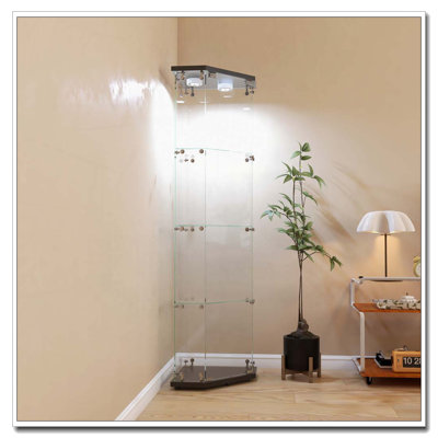 Armoire de coin lumineuse en verre avec 4 tablettes et lumières DEL