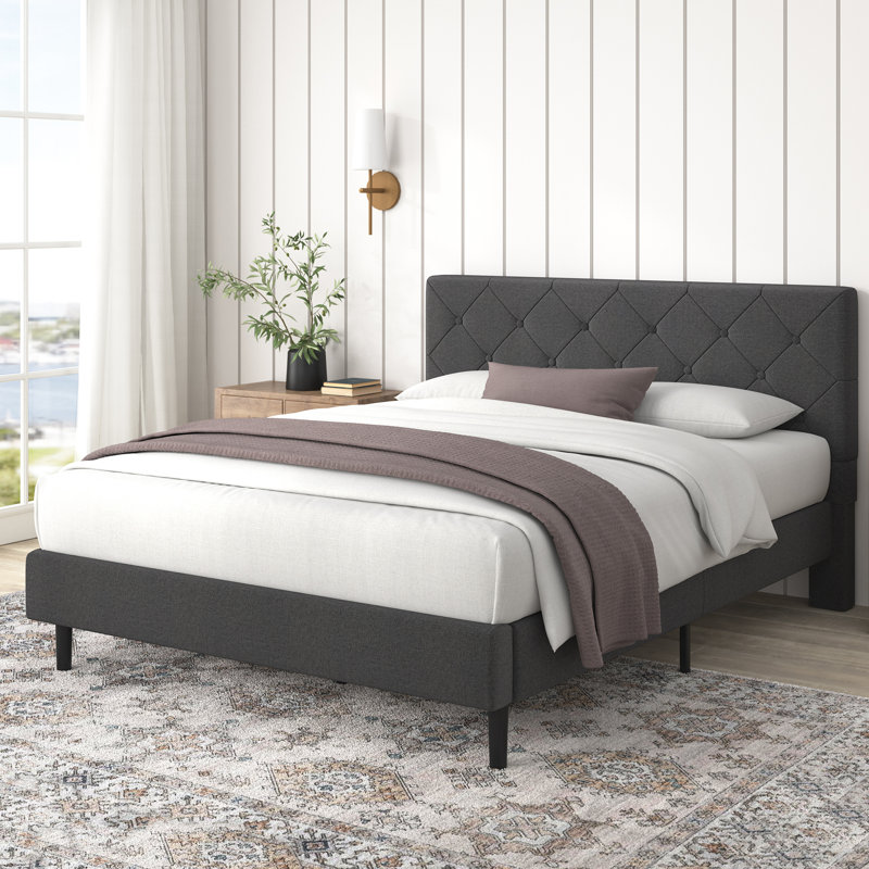 Ridley Upholstered Bed Frame with Button-Tufted Headboard, Kingsize (5')