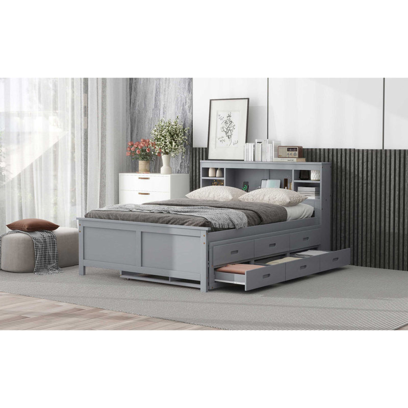 Lit plateforme double avec tête de lit à rangement, USB, lit gigogne simple et 3 tiroirs, gris, Gris, Lit double