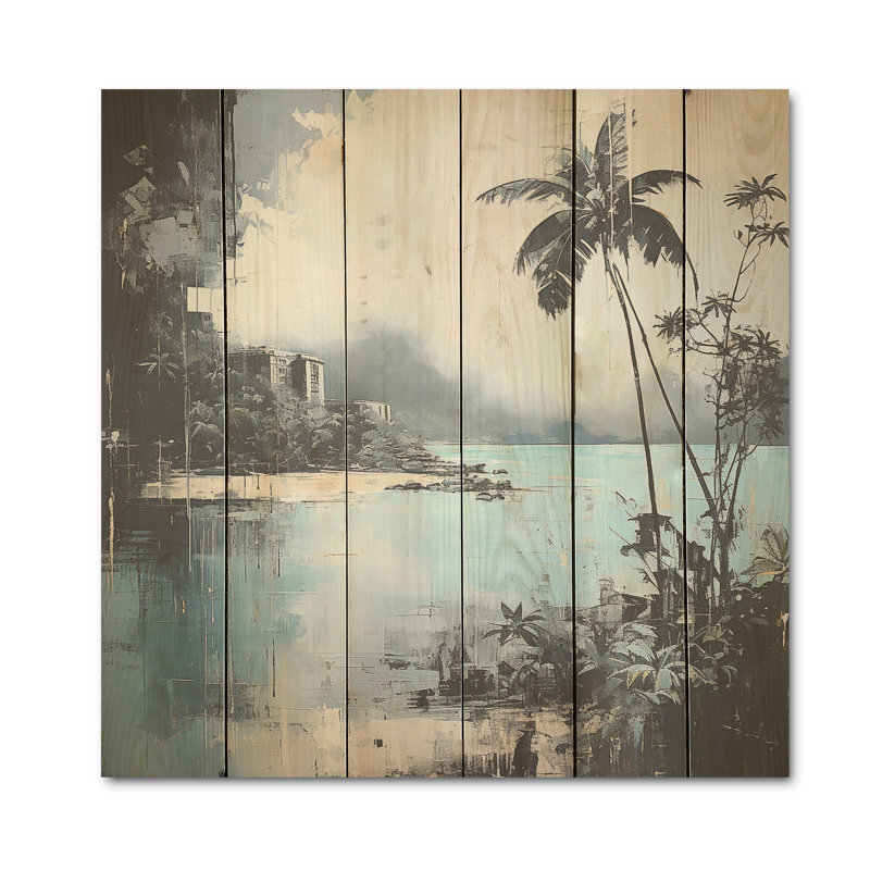 Palmier tropical bleu et gris, collage I - art mural en bois côtier sur bois de pin naturel, H 36 po x l 36 po