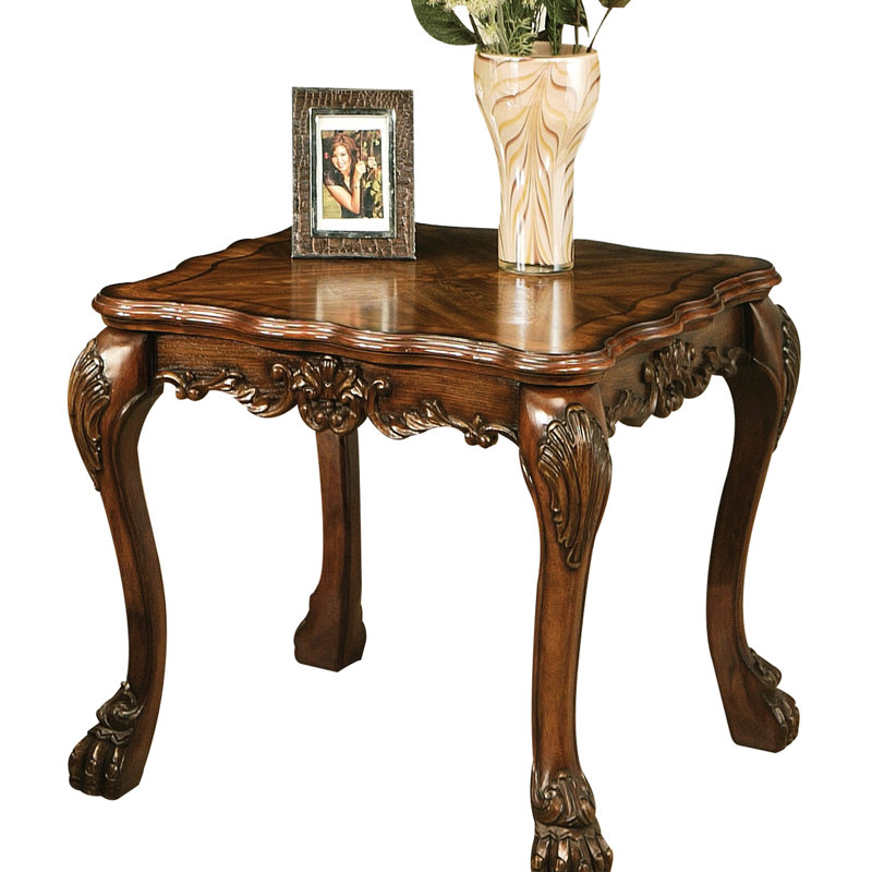 Table de bout en chêne cerisier avec pattes surdimensionnées, maquillage en bois massif, charme rétro, esthétique classique pour l'espace, table carrée traditionnelle, surface festonnée, embellissement floral, rustique