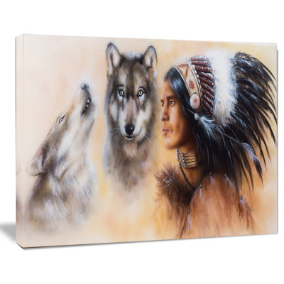 Animal, Indian Warrior, deux loups, Impression sur toile - Indian Warrior