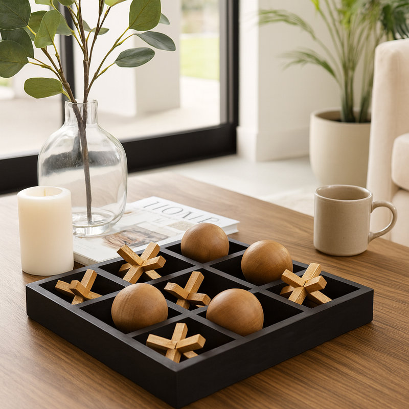 Ivianna Wood & Metal Tic-Tac-Toe Game - Mango Wood Pieces - 10" Black Board