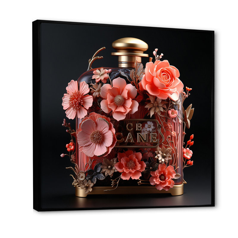 «Perfume Bottle With Pink Blossoming Flowers I», reproduction d'art sur toile, H 30 po x l 30 po x P 1 po